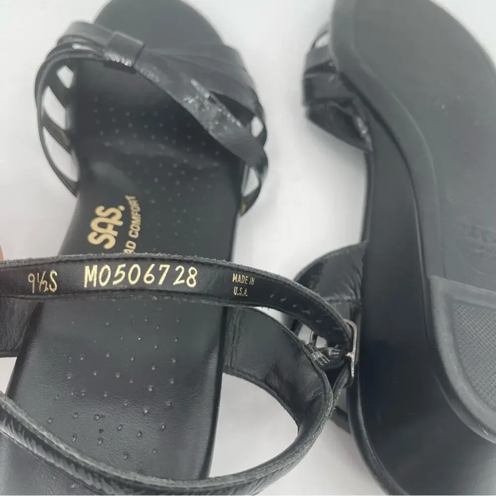 SAS Sandals 9.5 SLIM Strippy Quarter Strap Wedge Black Patent Leather 9.5 SLIM